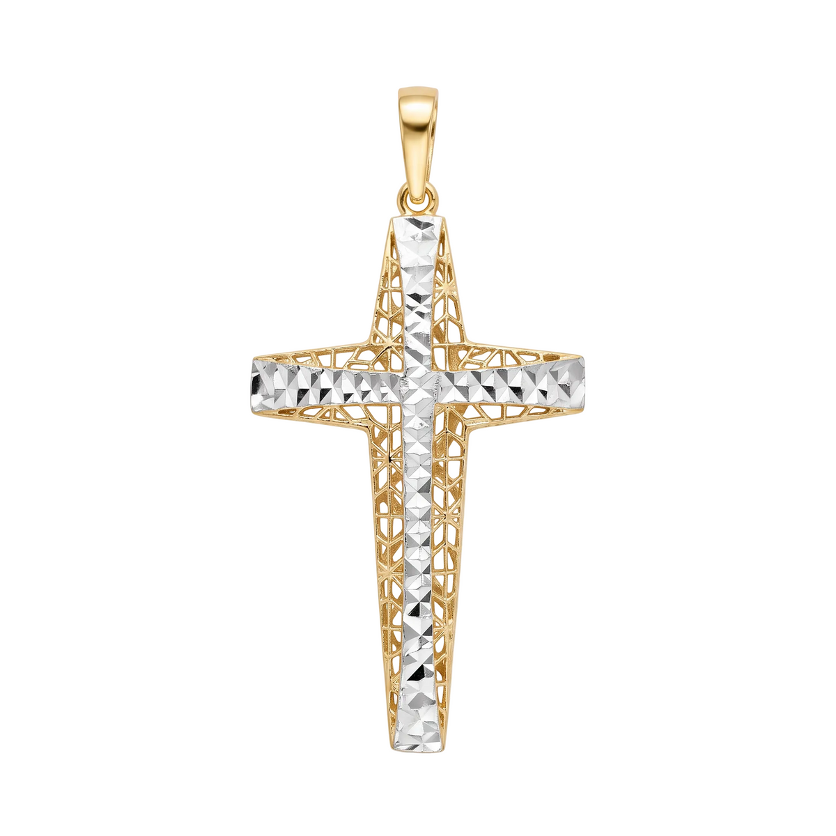 18K Two Tone Diamond Cut Filigree Openwork Cross Pendant