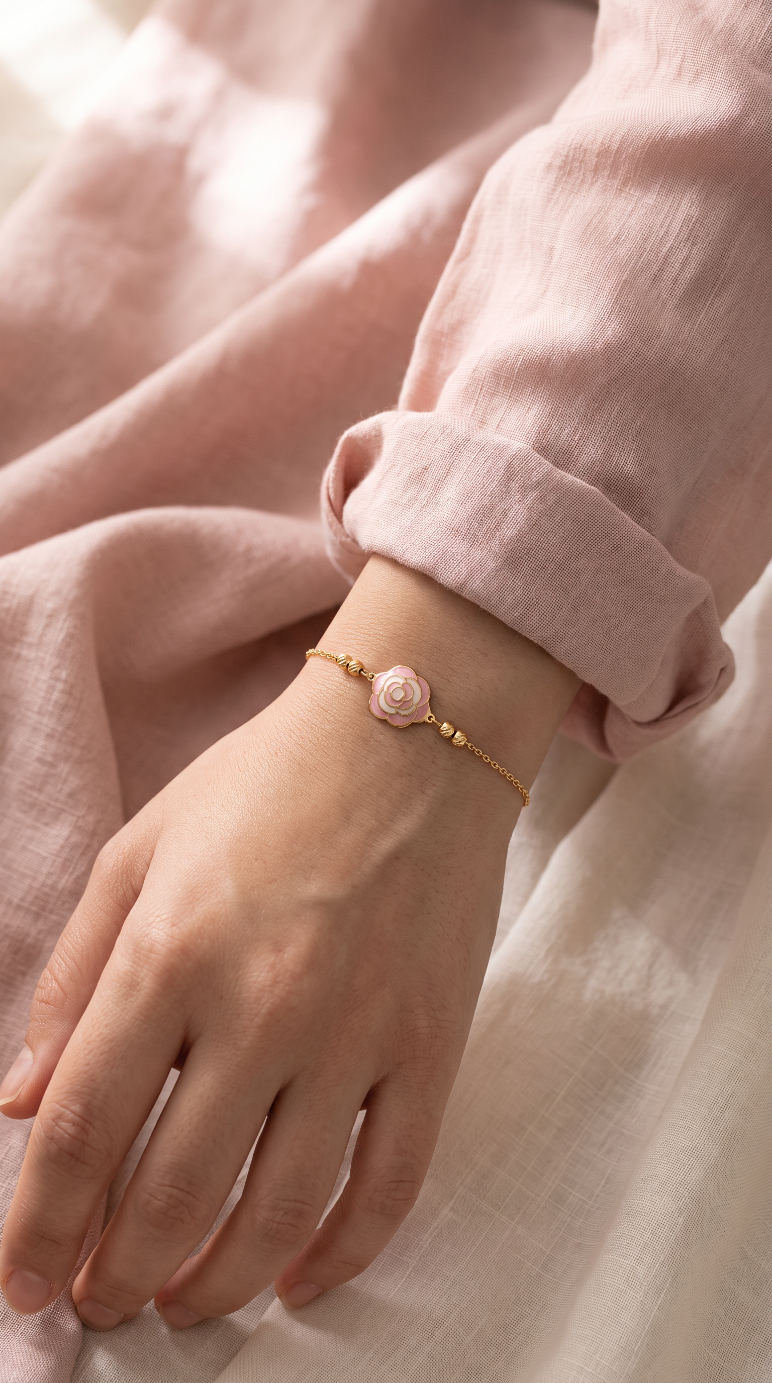 18K Yellow Gold Pink & White Enamel Rose Chain Bracelet