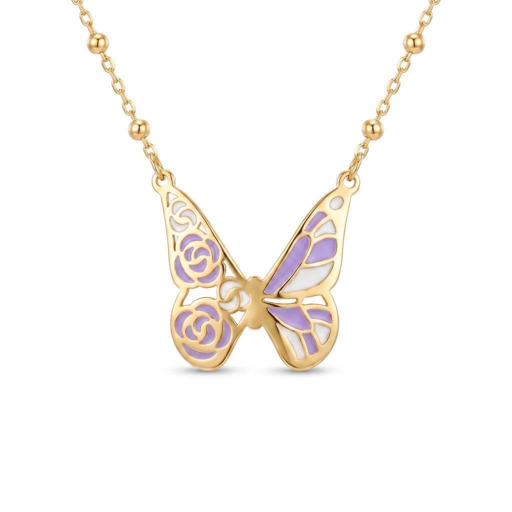 18K Yellow Gold Beaded White & Purple Enamel Butterfly Necklace