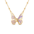 18K Yellow Gold Beaded White & Purple Enamel Butterfly Necklace