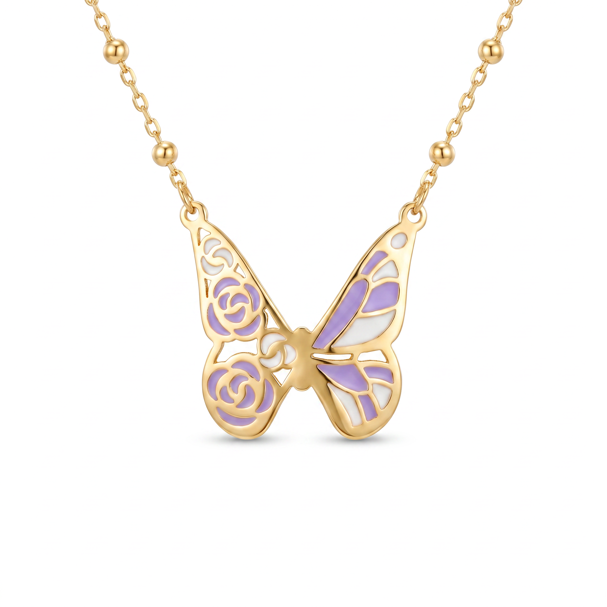 18K Yellow Gold Beaded White & Purple Enamel Butterfly Necklace