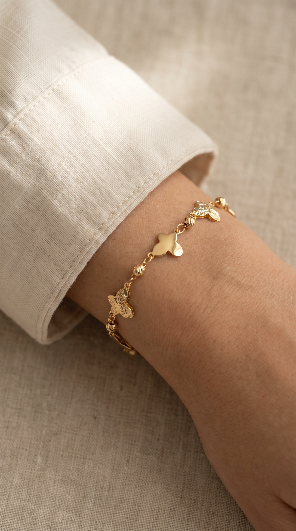 18K Yellow Gold Beaded Butterfly Chain Bracelet
