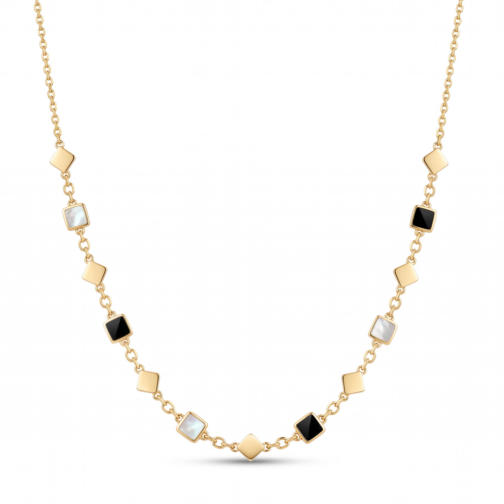 18K Yellow Gold Mother Of Pearl & Onyx Chain Necklace