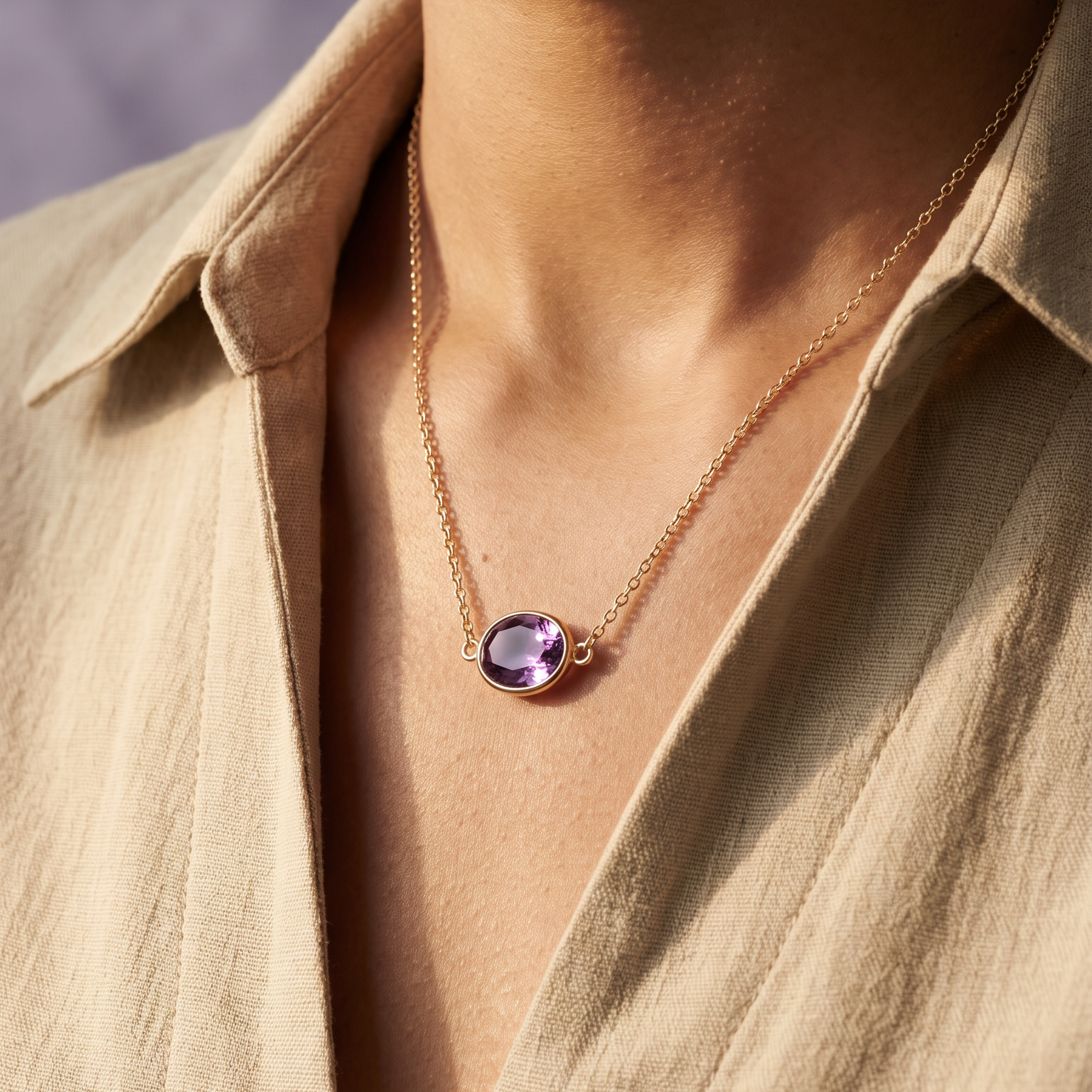 18K Yellow Gold Purple Amethyst Chain Necklace