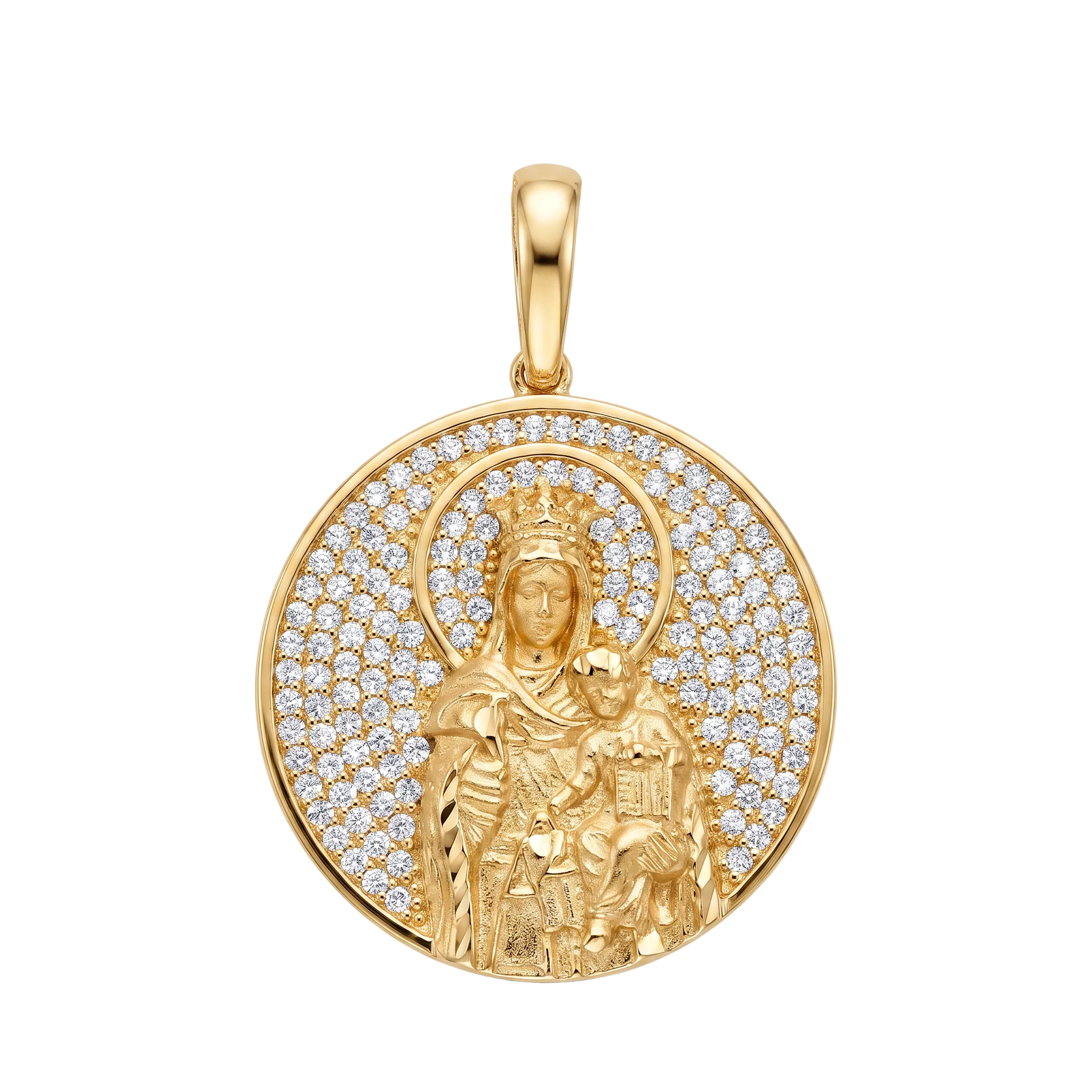 18K Yellow Gold Cubic Zirconia Pave St. Mary & Jesus Icon Pendant