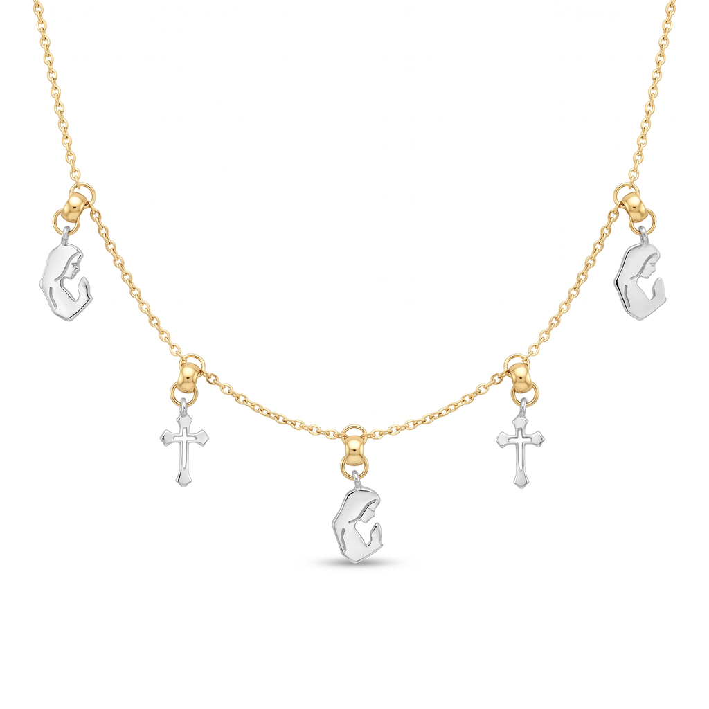18K Two Tone Gold Cross & Mary Chain Necklace