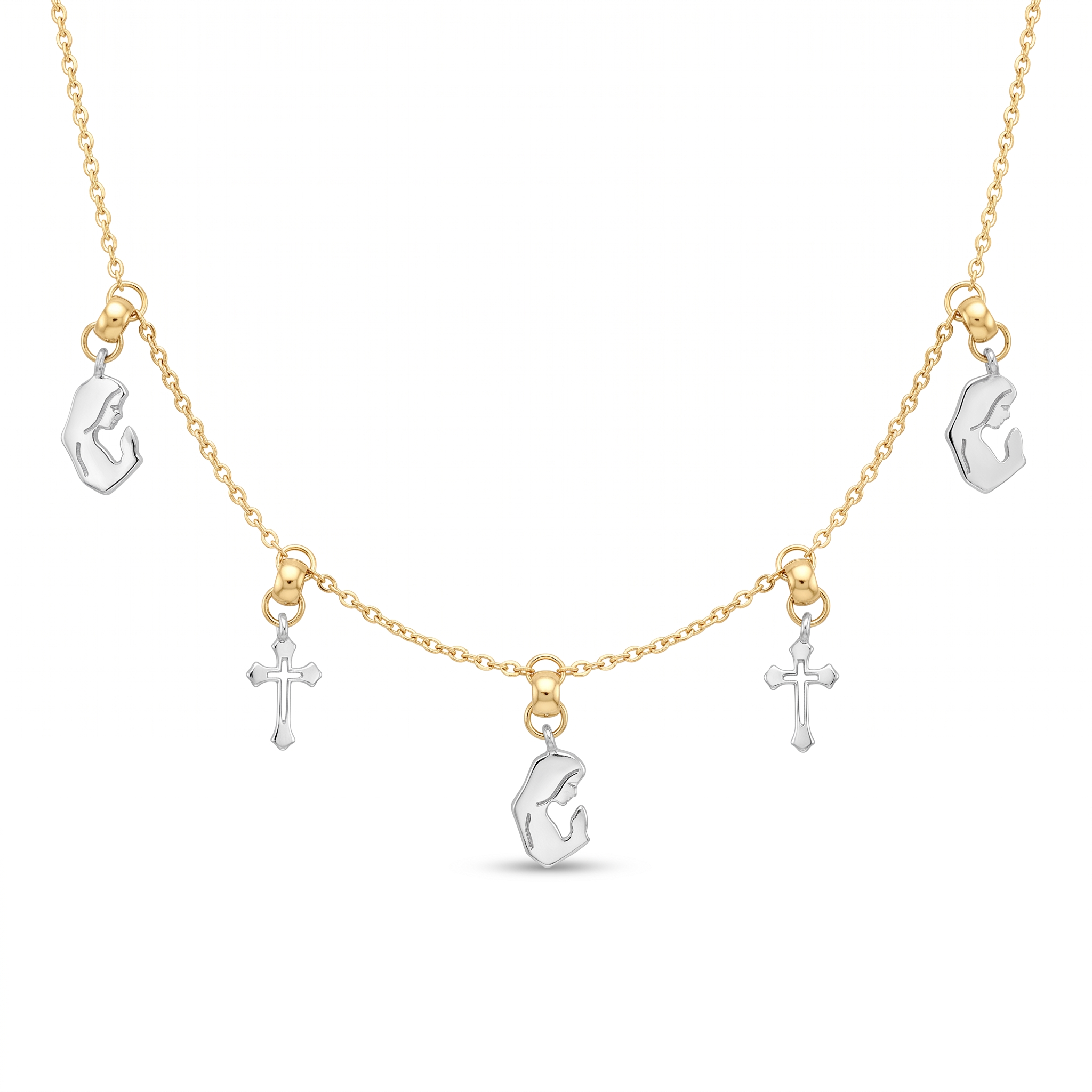 18K Two Tone Gold Cross & Mary Chain Necklace
