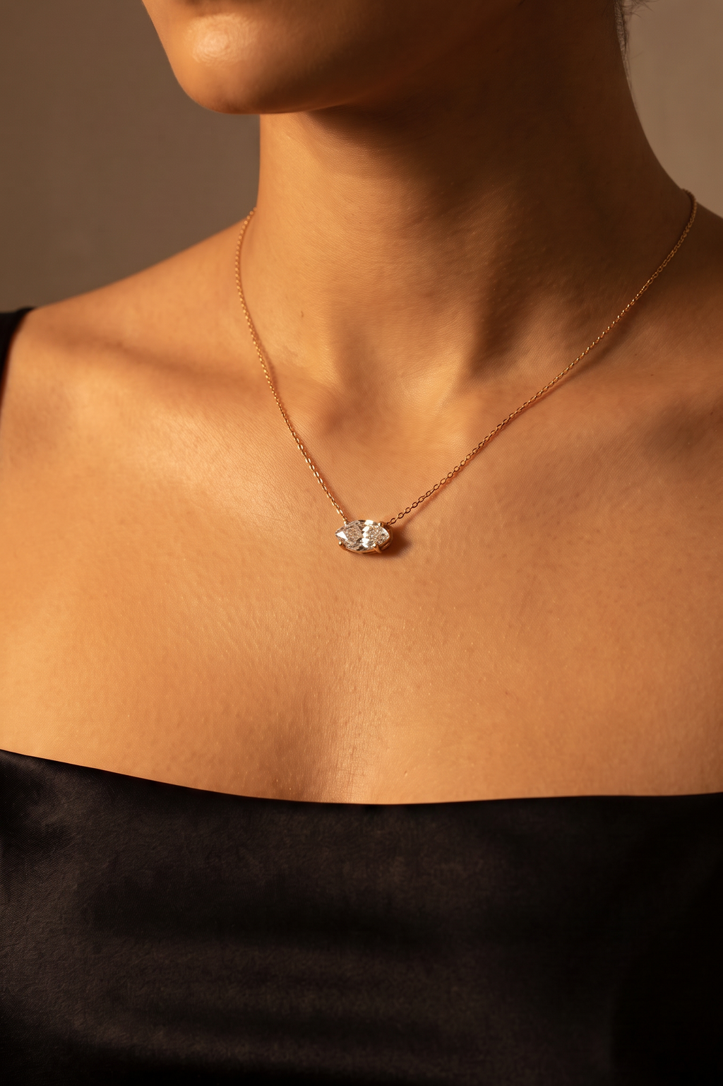 Lab Diamond Yellow Gold Marquise Solitaire Chain Necklace