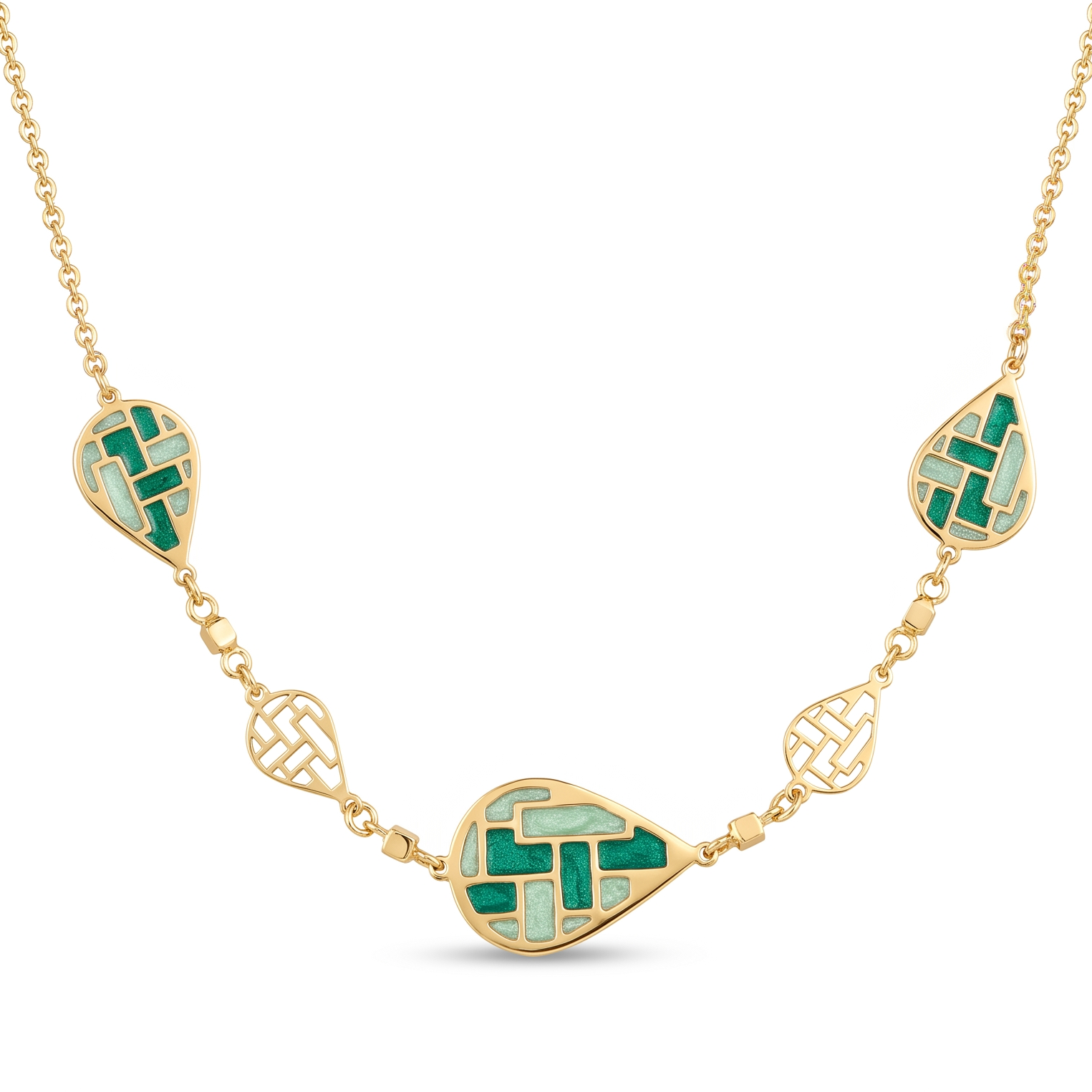 18K Yellow Gold Green Enamel Teardrop Chain Necklace