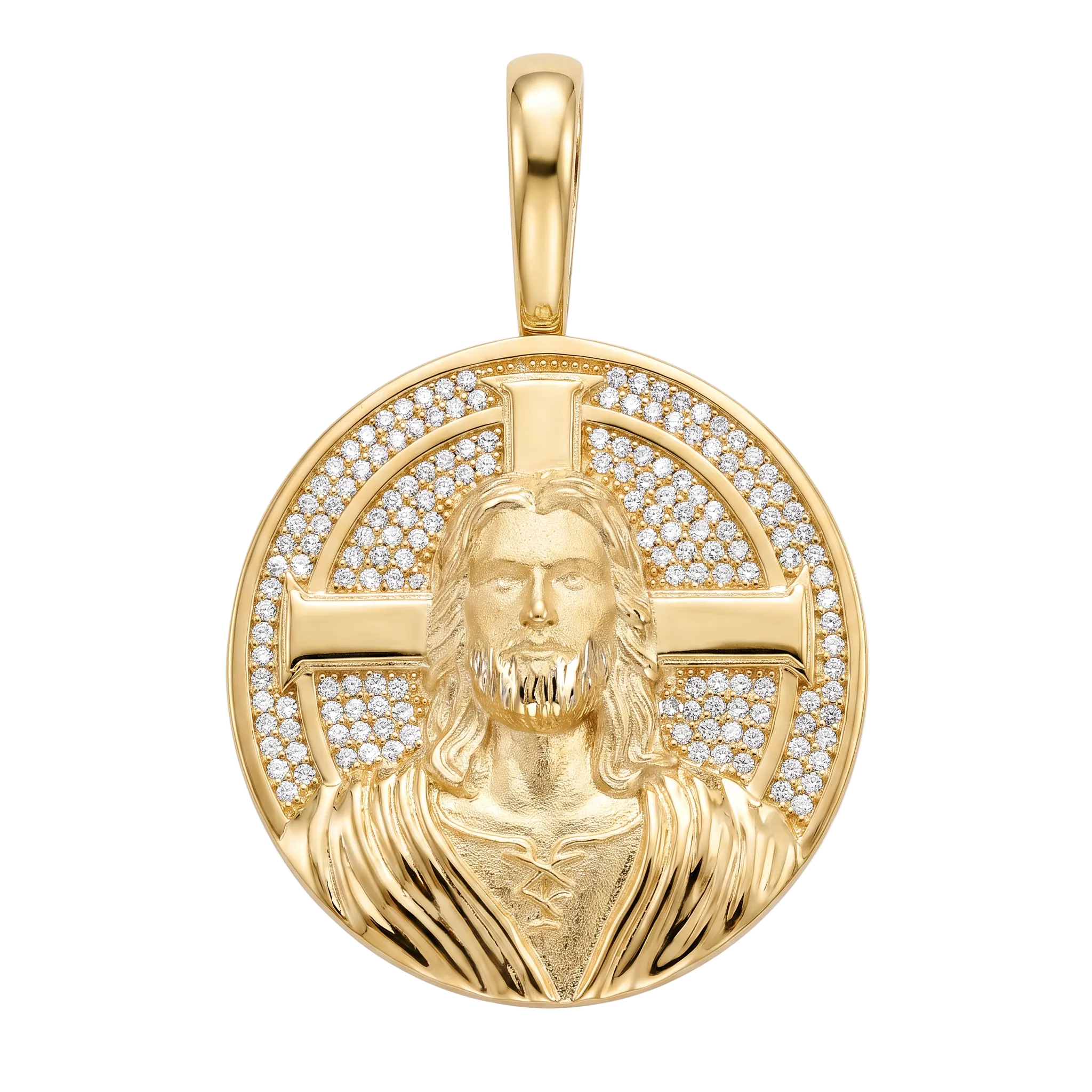 18K Yellow Gold Cubic Zirconia Pave 3D Jesus Icon Pendant