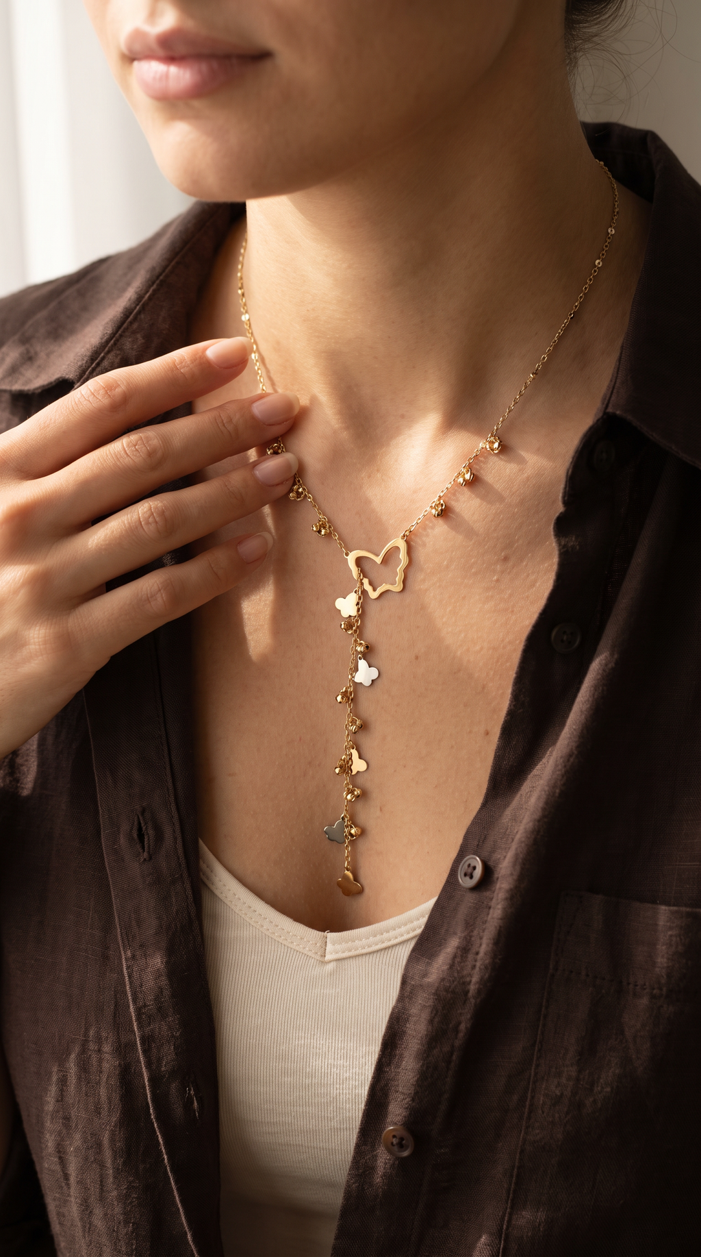 18K Two Tone Gold Butterfly Beaded Chain Necklace