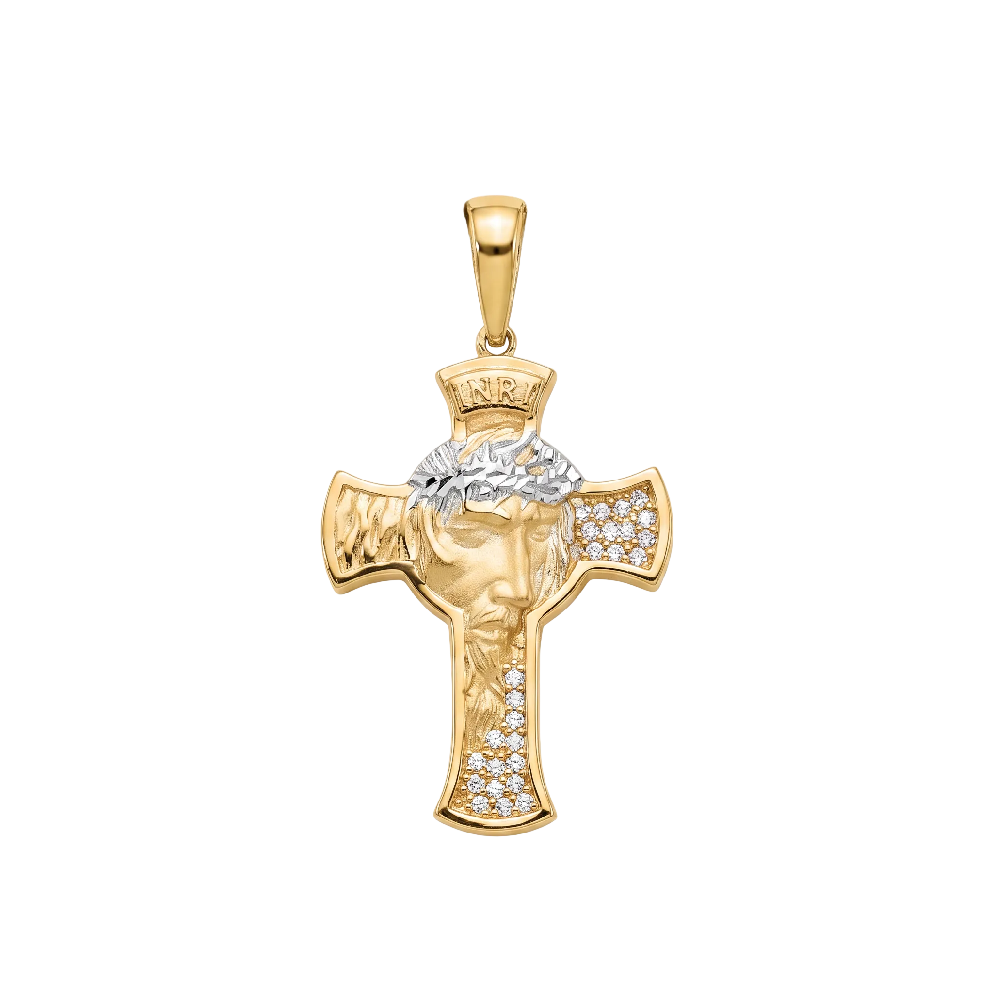 18K Two Tone Gold Small Cubic Zirconia Jesus Face Cross Pendant