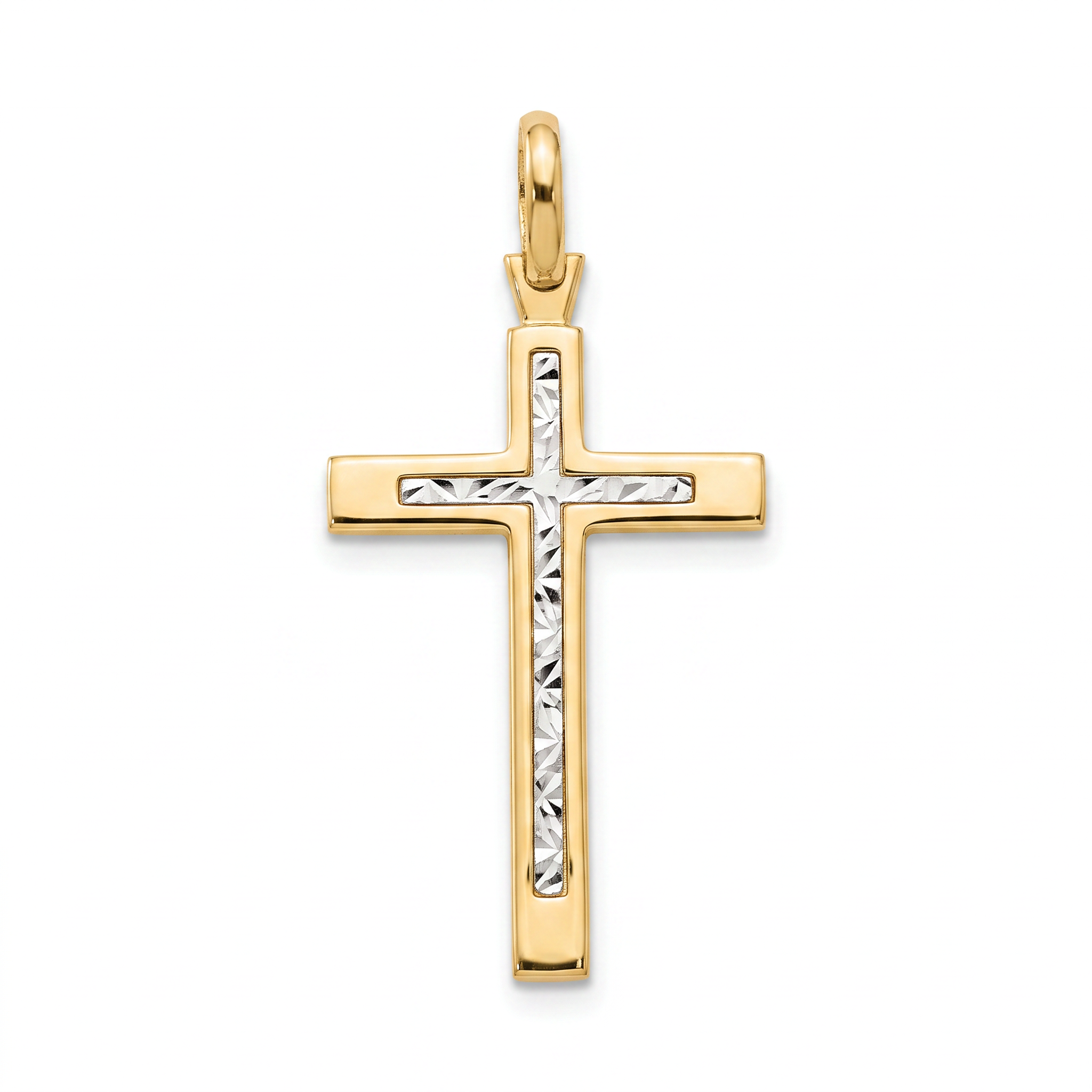 18k Gold Two Tone Diamond Cut Cross Pendant