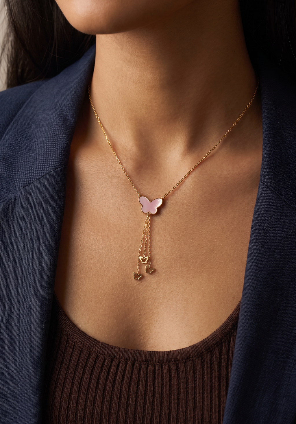 18K Yellow Gold Reversible Mother Of Pearl Butterfly Dangle Necklace