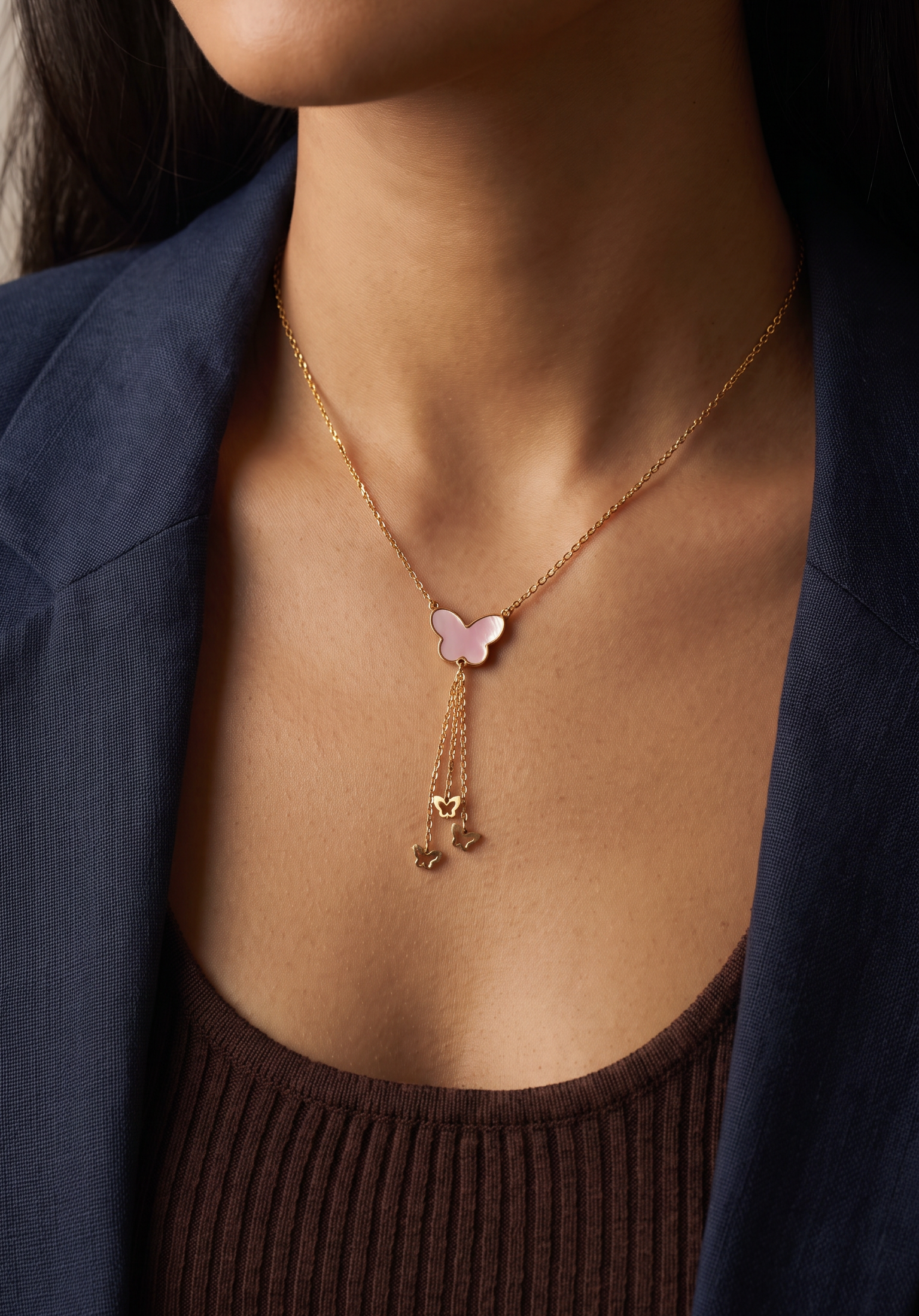 18K Yellow Gold Reversible Mother Of Pearl Butterfly Dangle Necklace