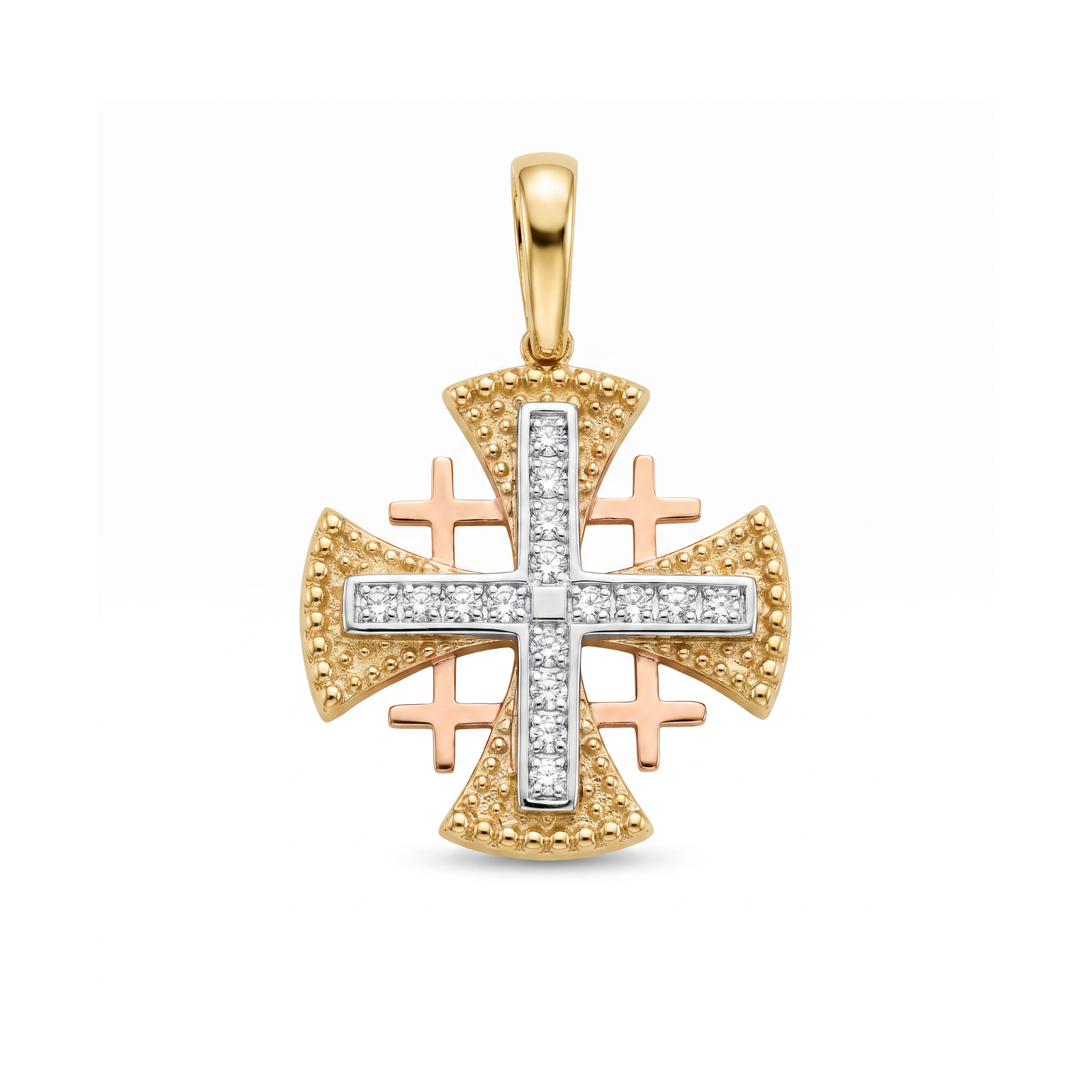 18K Multicolor Gold Cubic Zirconia Jerusalem Cross Pendant