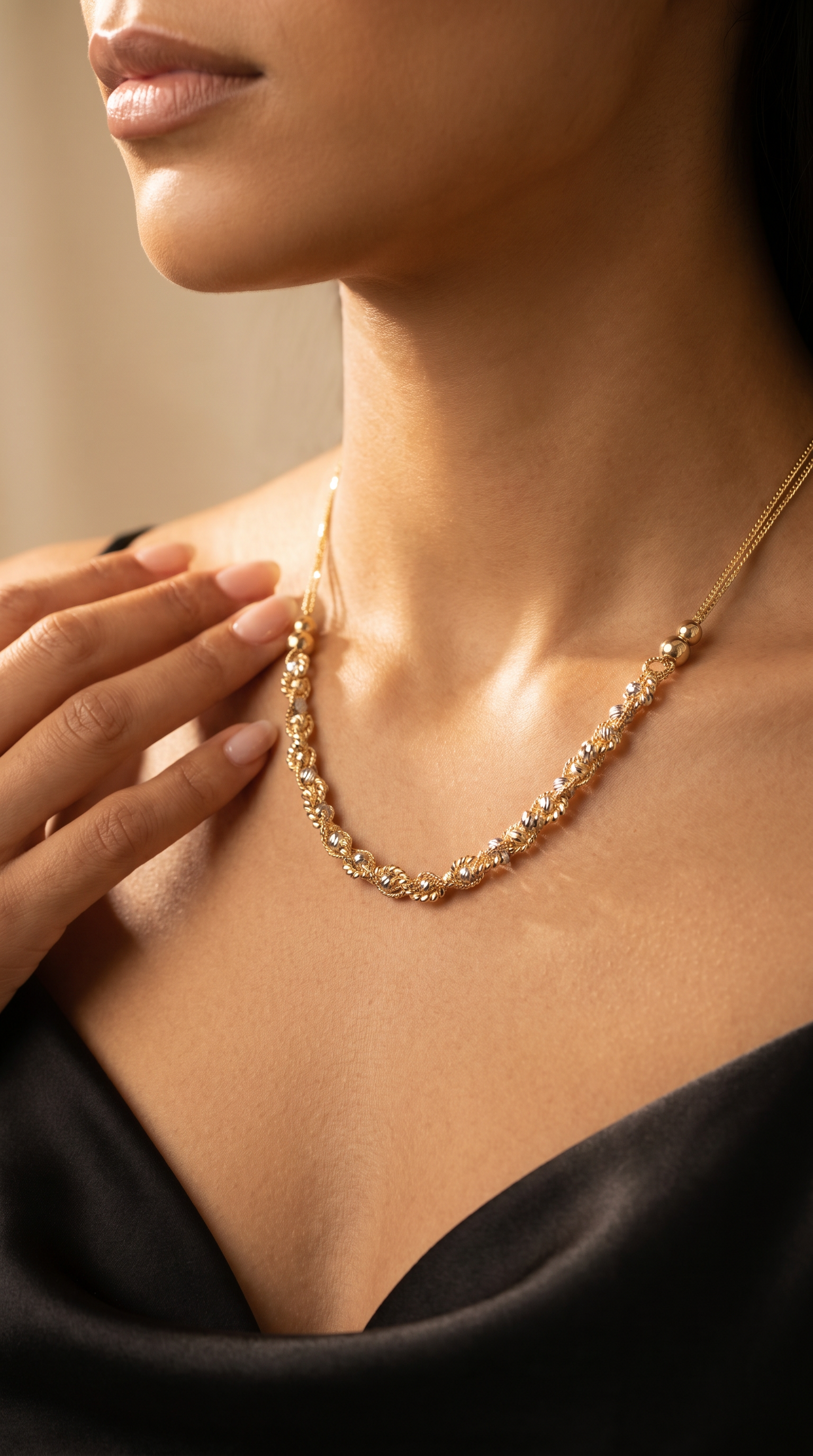 18K Two Tone Gold Double Chain Beaded Necklace