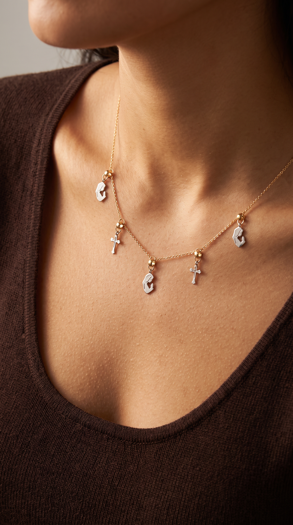 18K Two Tone Gold Cross & Mary Chain Necklace