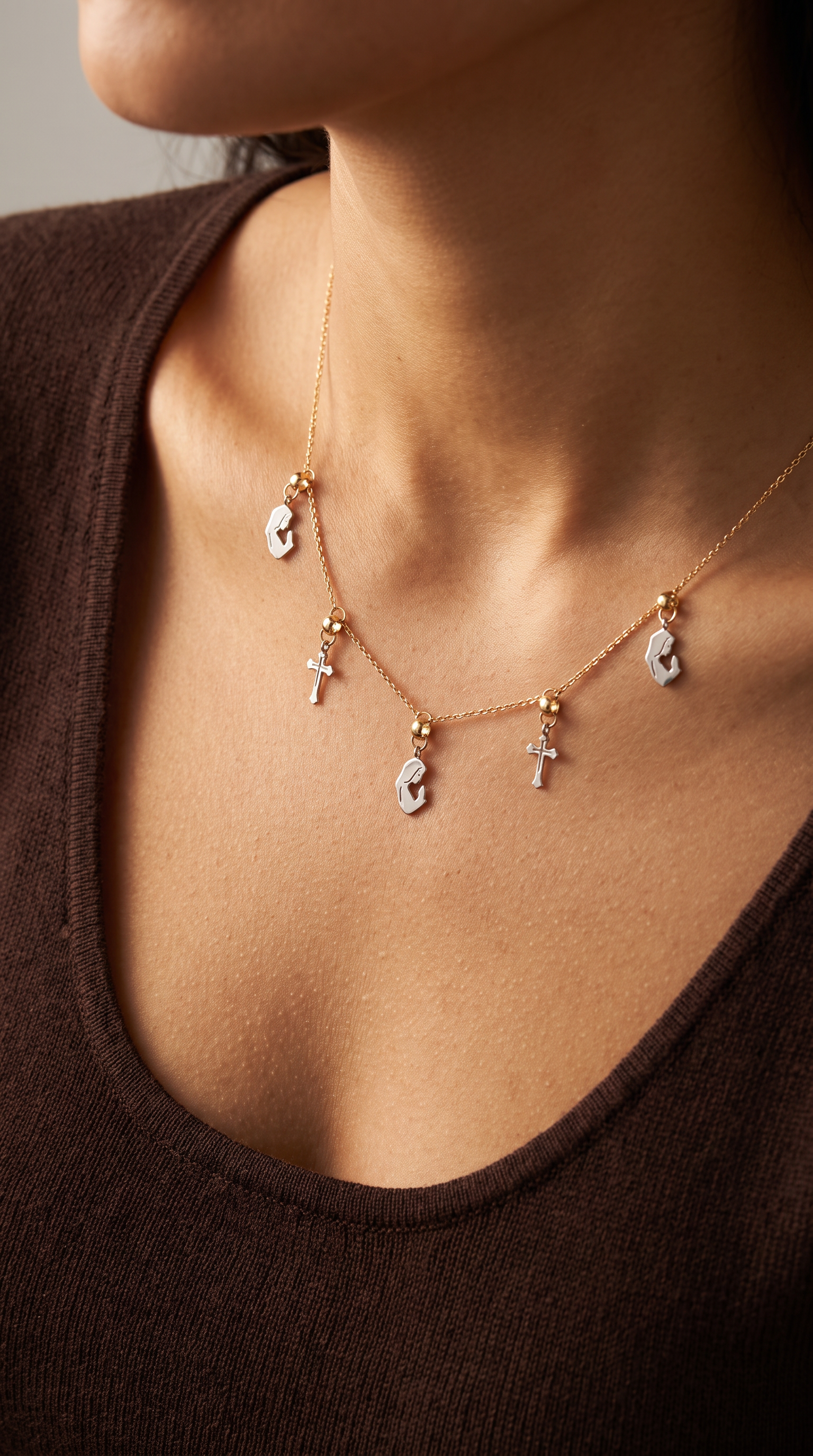 18K Two Tone Gold Cross & Mary Chain Necklace