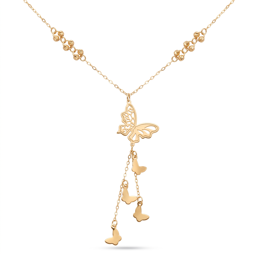 18K Yellow Gold Beaded Butterfly Dangle Chain Necklace