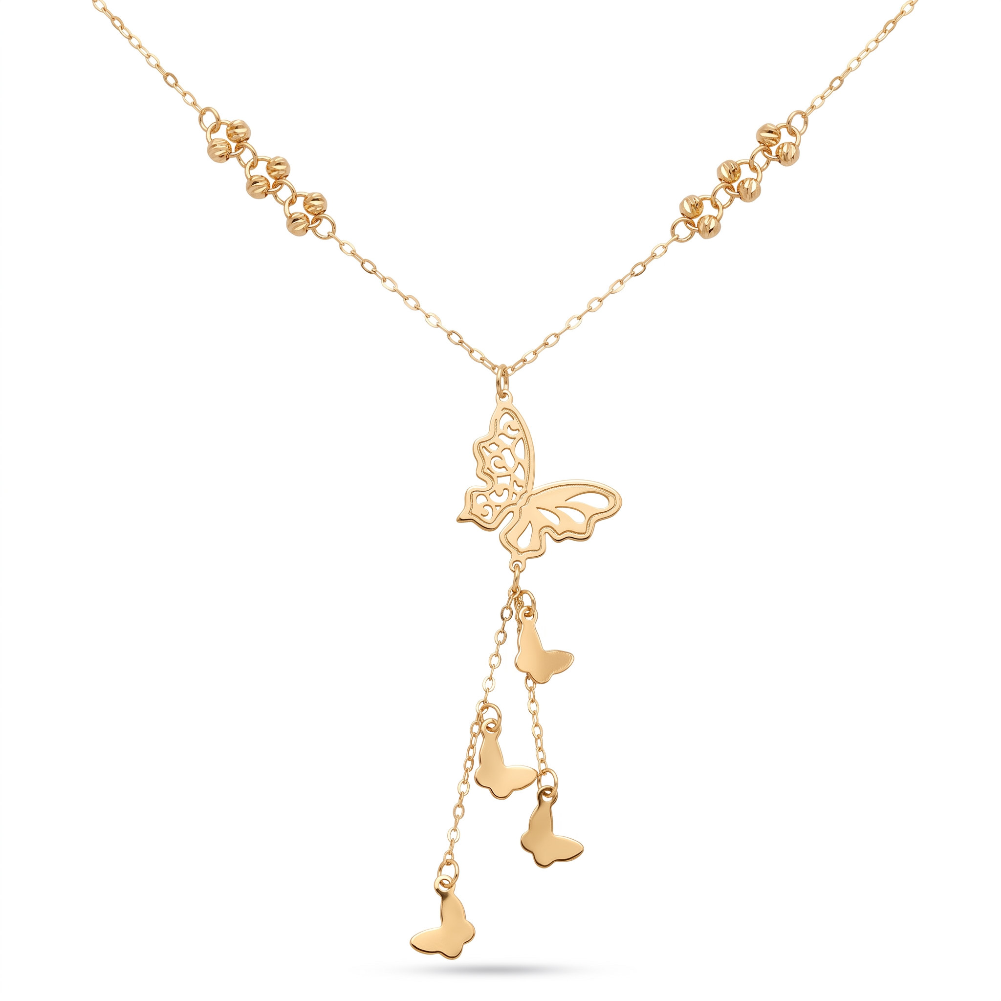 18K Yellow Gold Beaded Butterfly Dangle Chain Necklace
