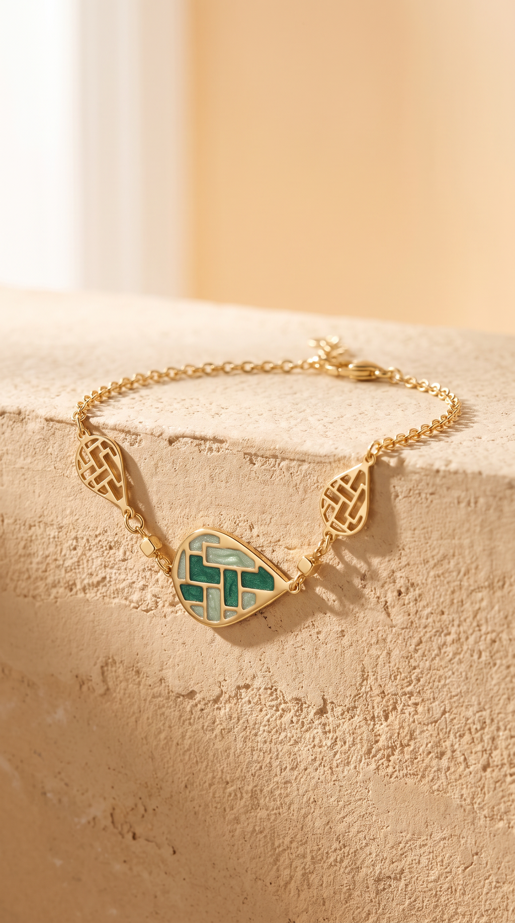 18K Yellow Gold Green Enamel Teardrop Chain Bracelet