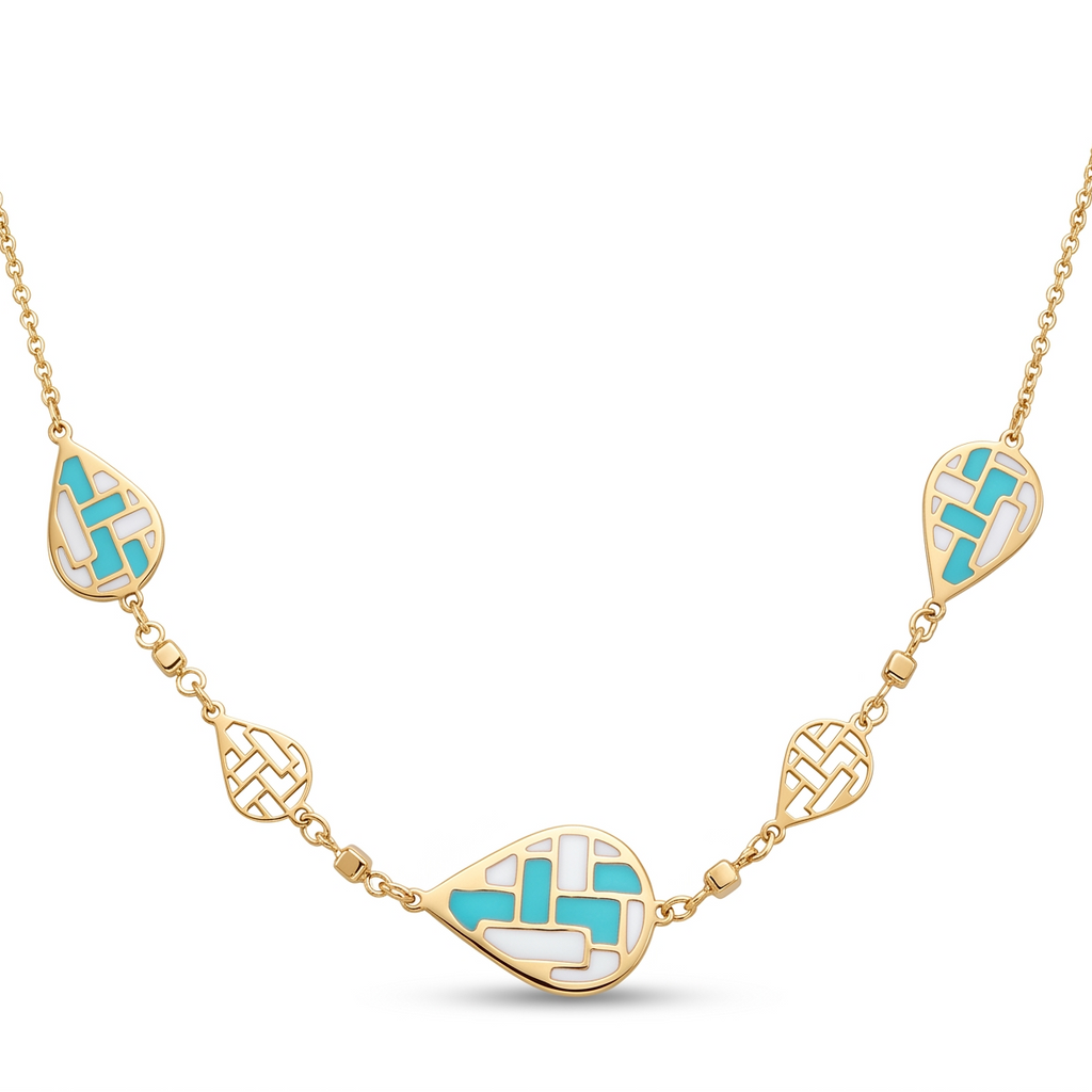 18K Yellow Gold White & Cyan Enamel Teardrop Chain Necklace