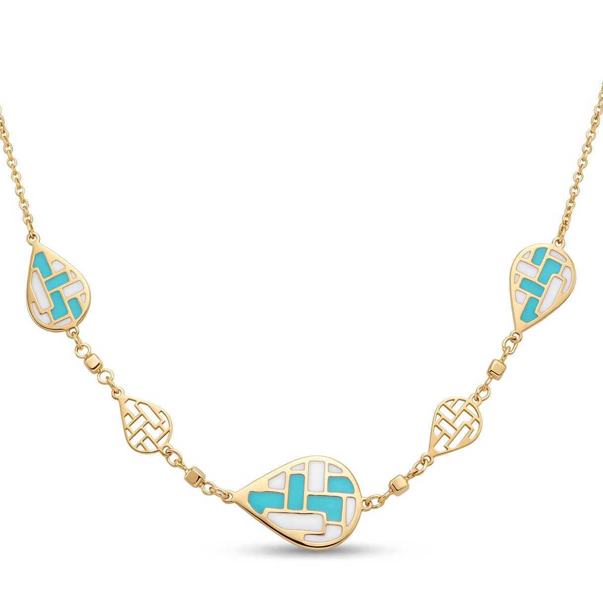 18K Yellow Gold White & Cyan Enamel Teardrop Chain Necklace