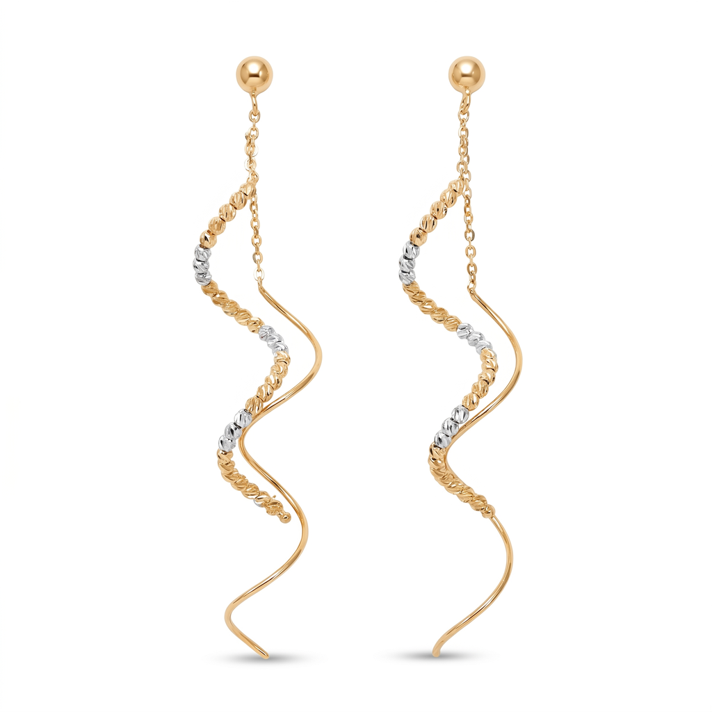 18K Two Tone Gold Spiral Beaded Drop Earring