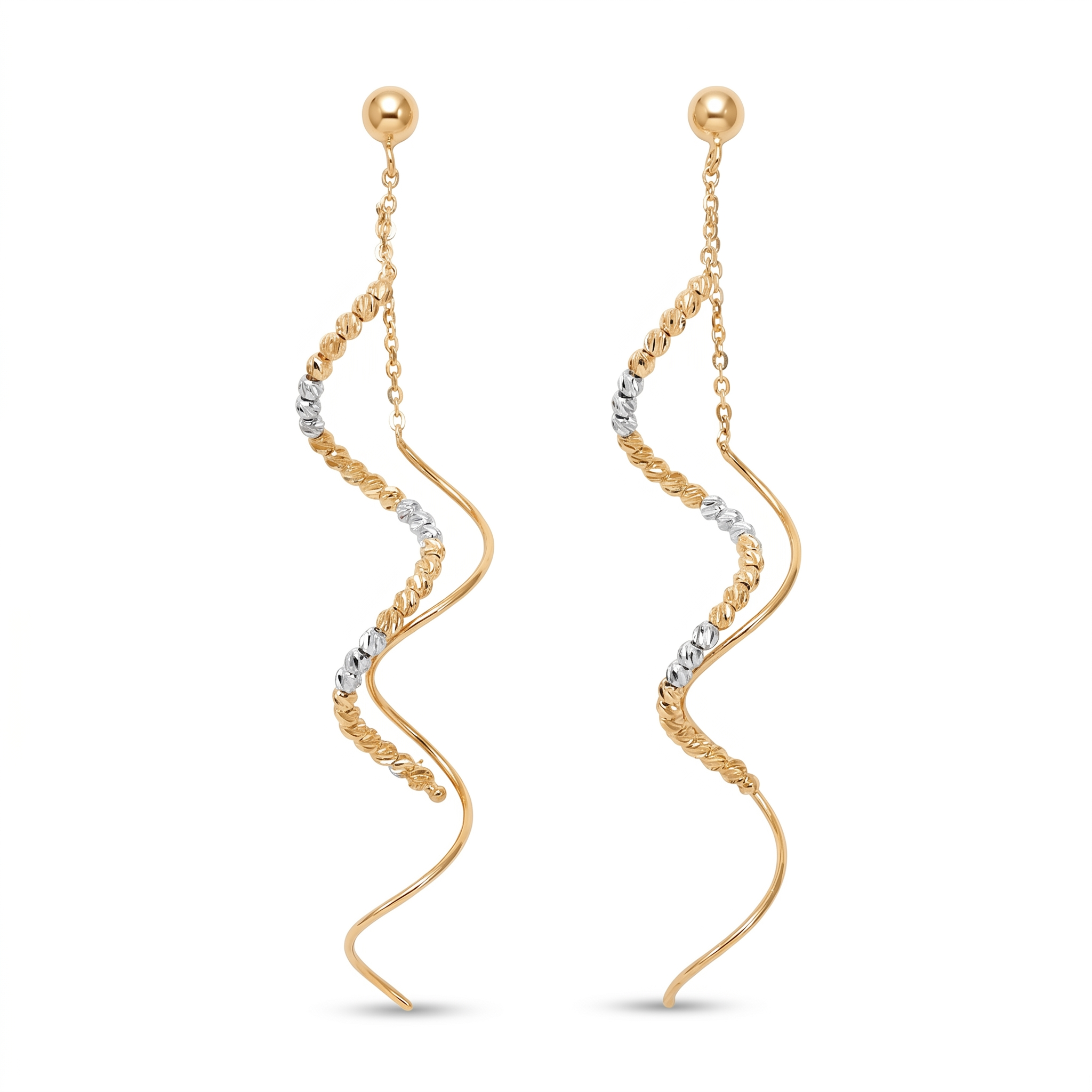 18K Two Tone Gold Spiral Beaded Drop Earring