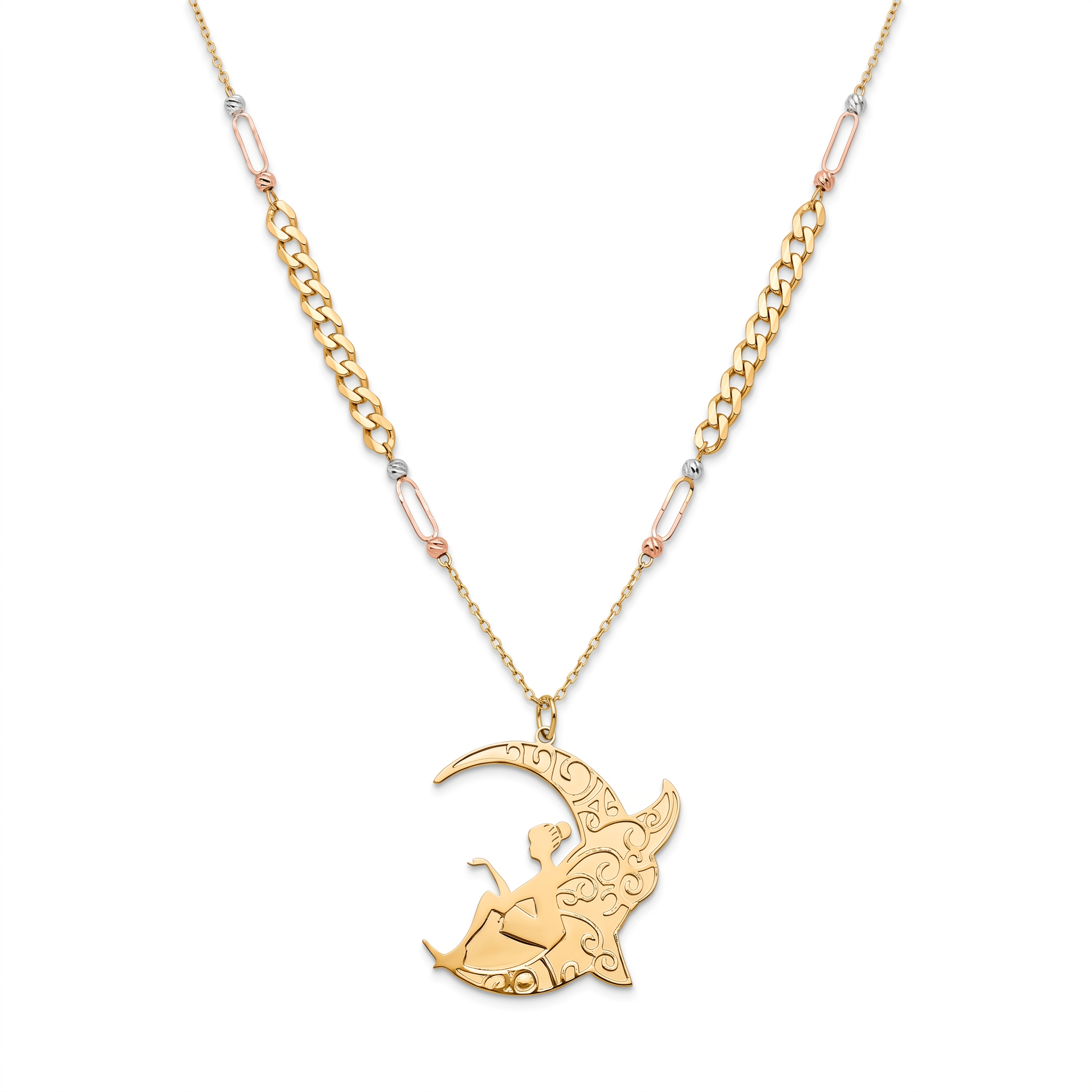 18K Multicolor Filigree Moon and Fairy Gold Necklace