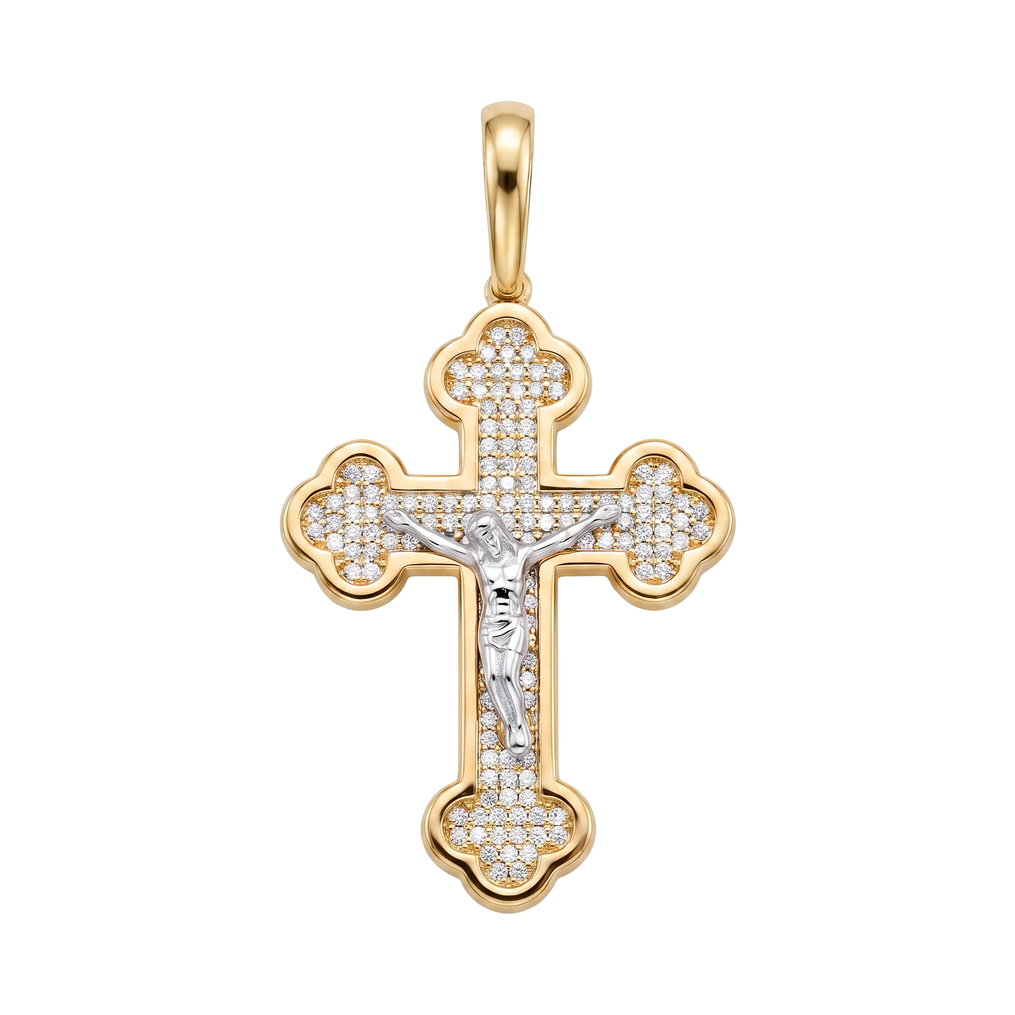 18K Gold Small Two Tone Cubic Zirconia Pave Cross Pendant
