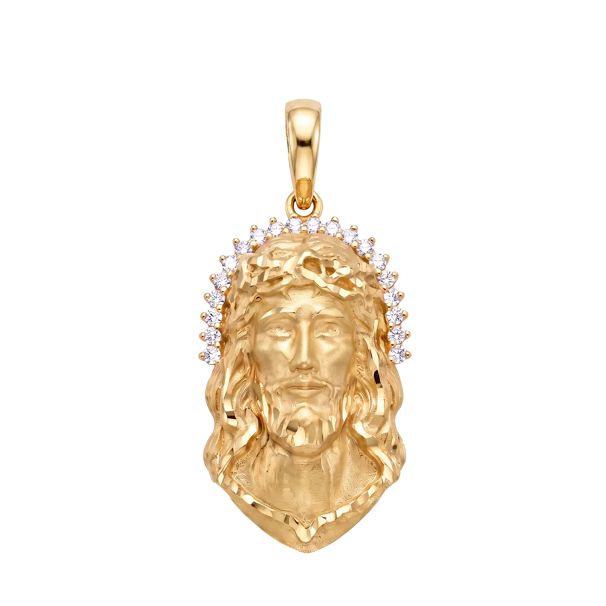 18K Yellow Gold Cubic Zirconia 3D Jesus Icon Pendant