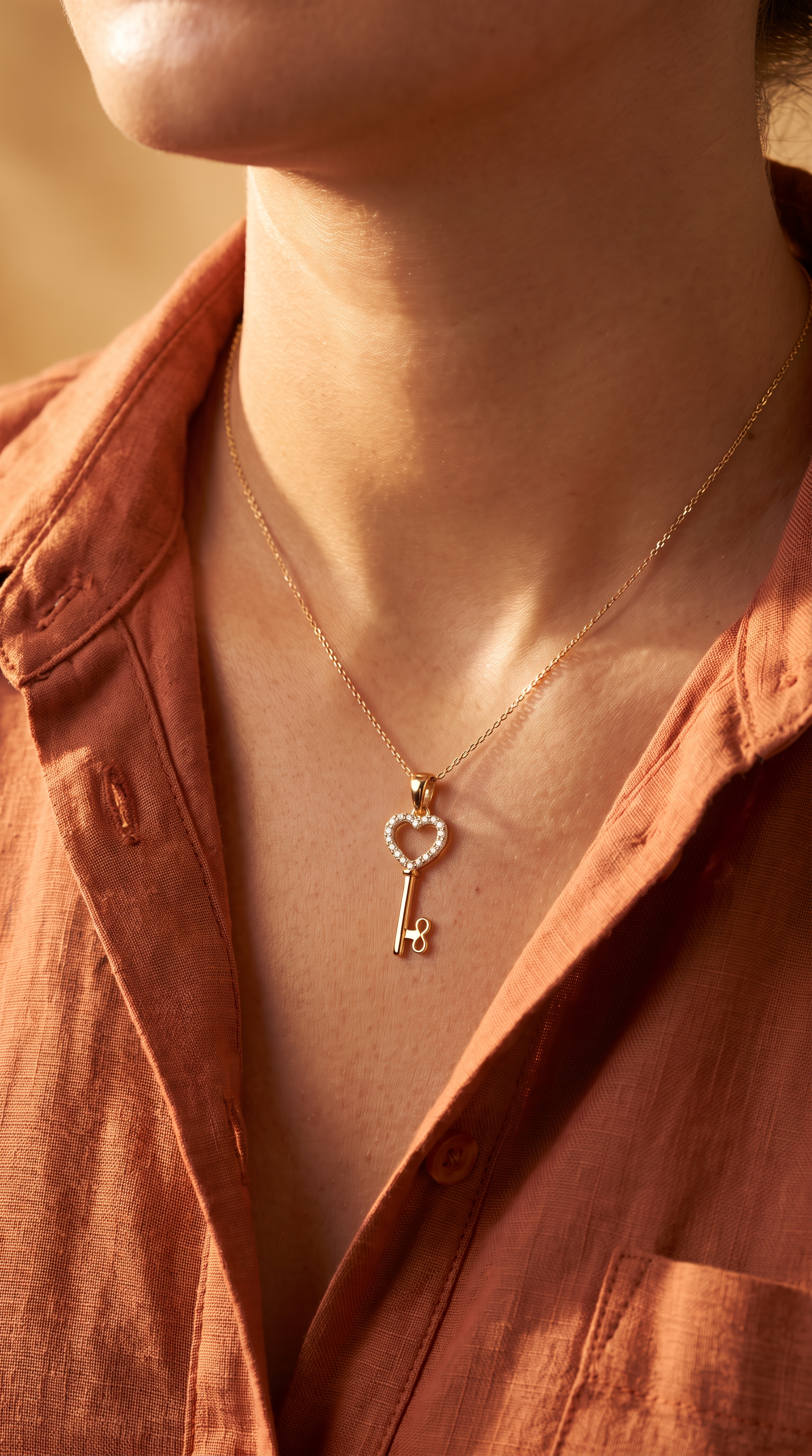 Diamond Yellow Gold Heart Key Chain Necklace
