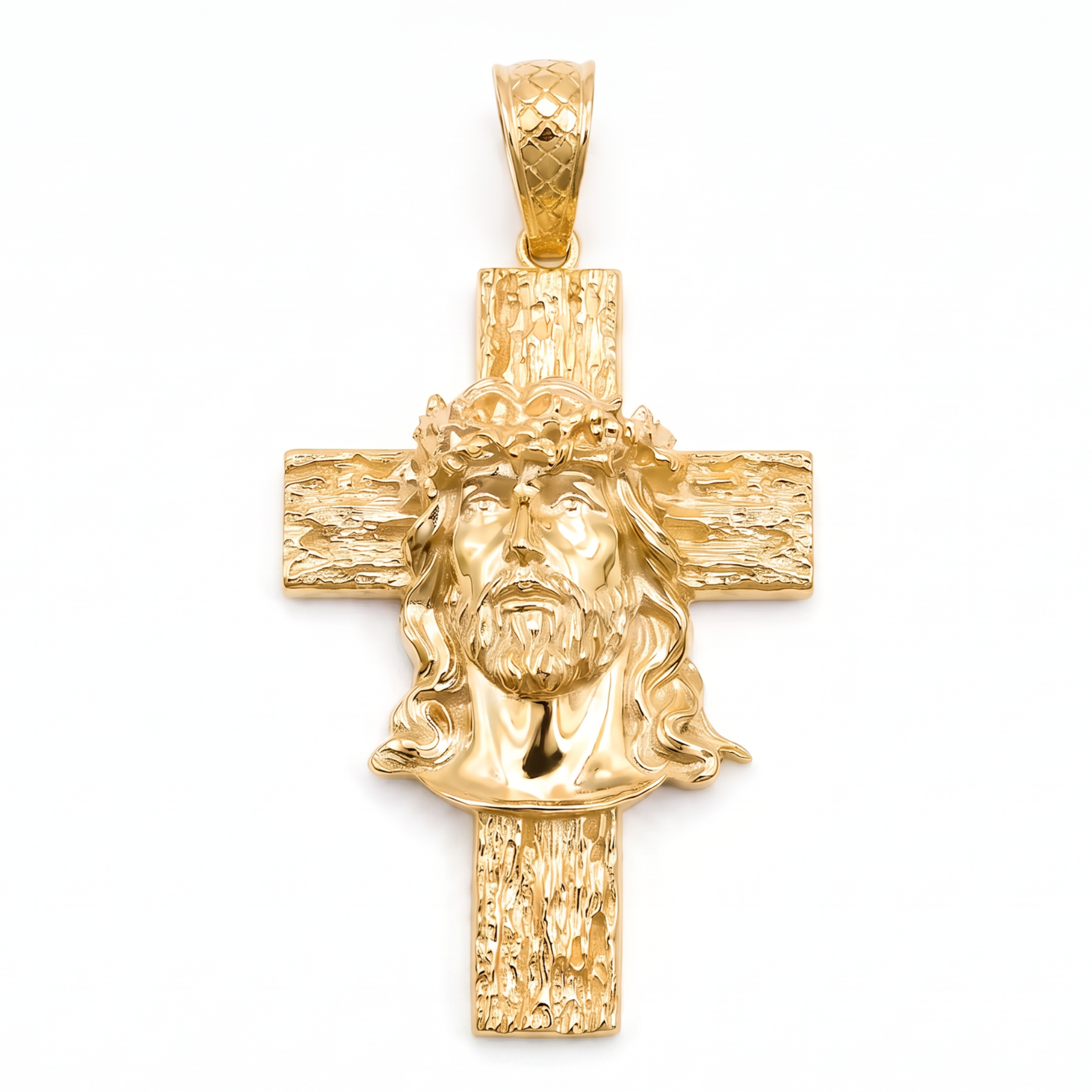 18K Yellow Gold Large Jesus Face Cross Pendant