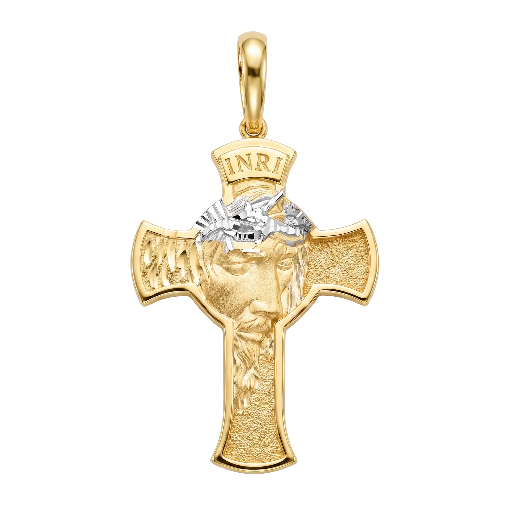 18K Gold Medium Two Tone Jesus Face Cross Pendant