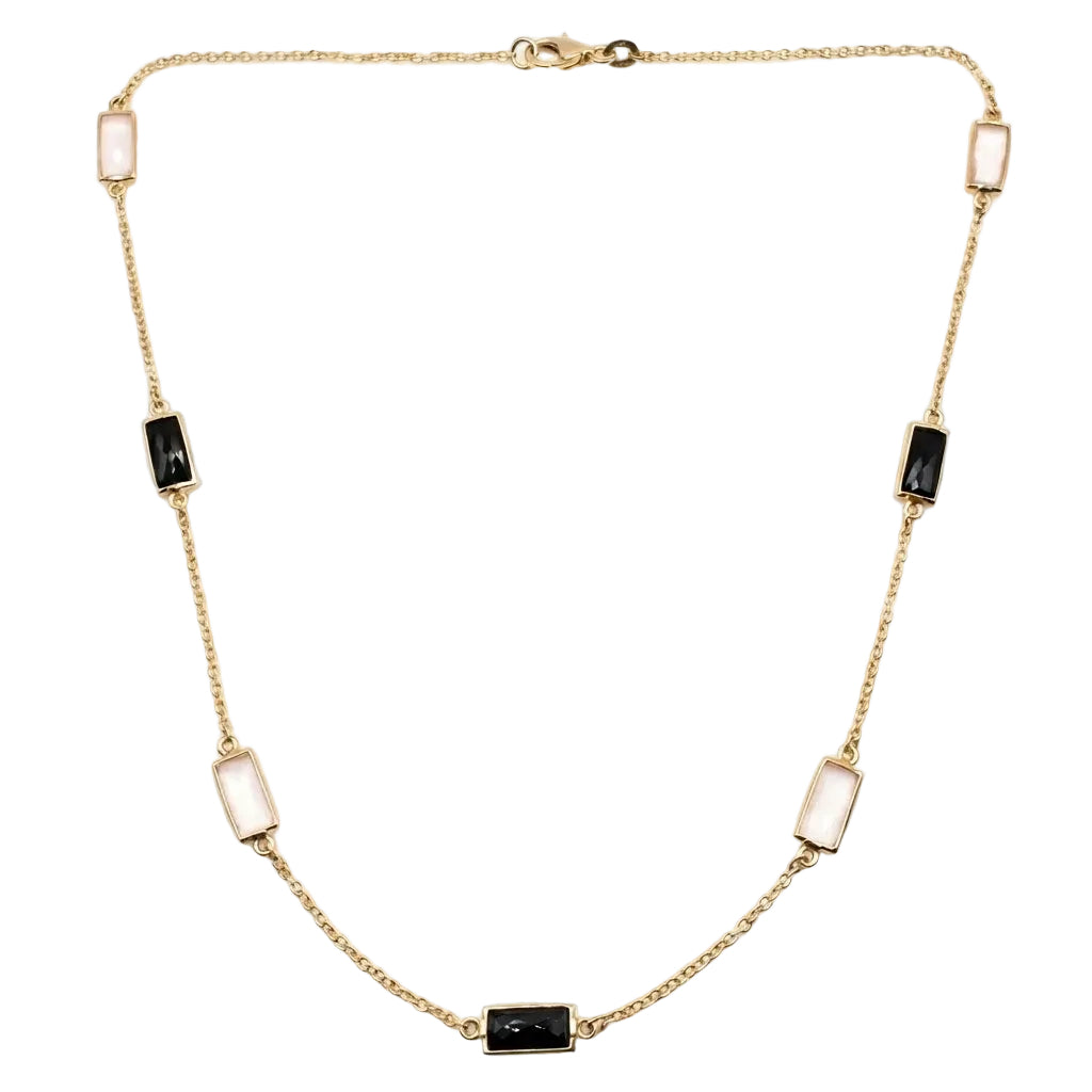 18K Yellow Gold Pink Quartz & Onyx Chain Necklace