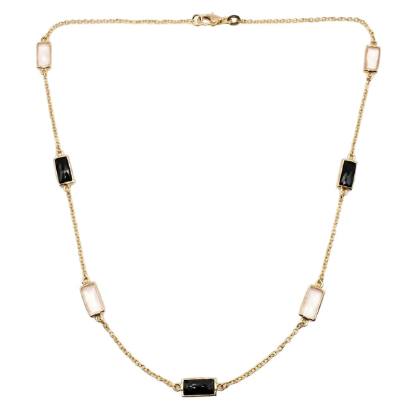 18K Yellow Gold Pink Quartz & Onyx Chain Necklace