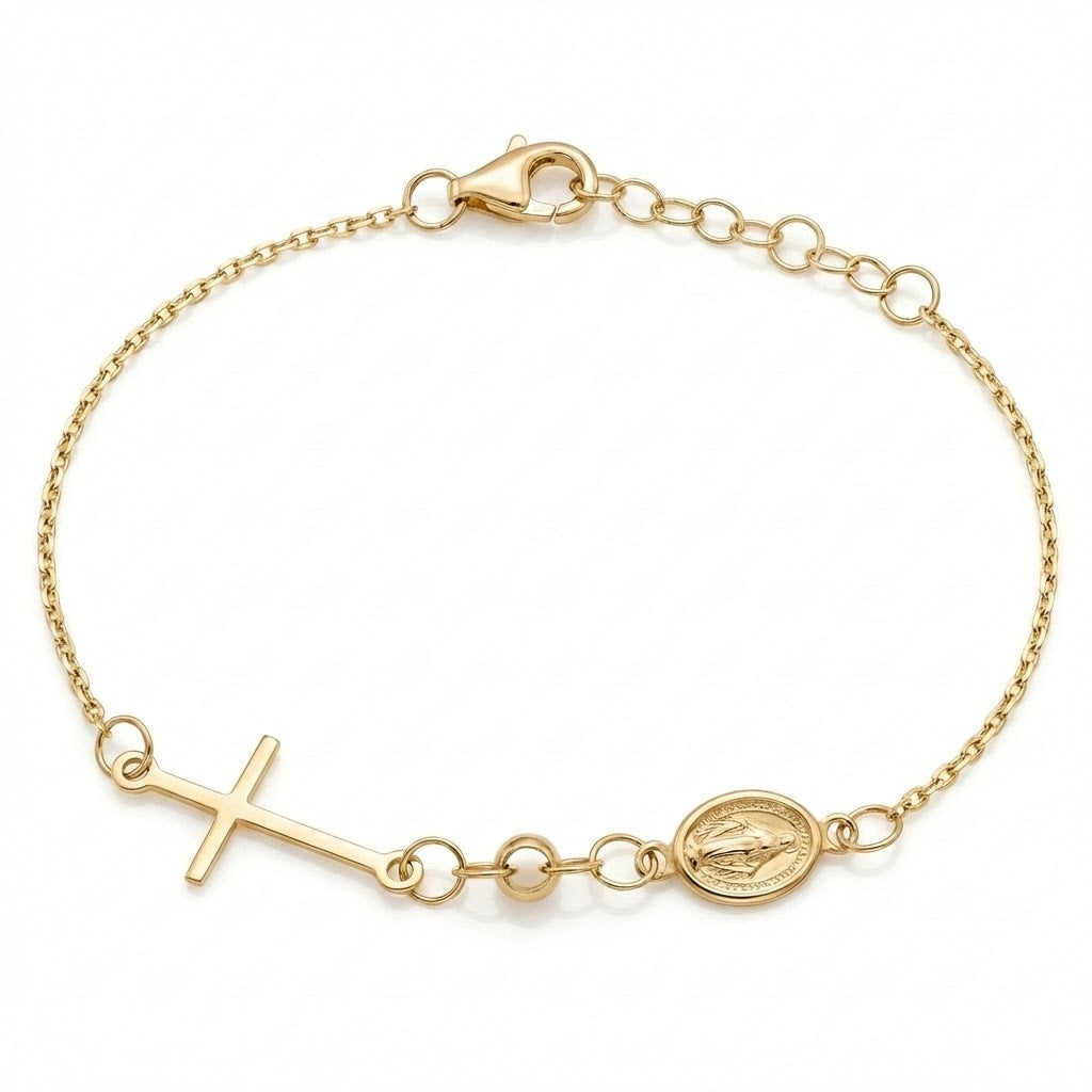 18K Yellow Gold Cross & St. Mary Icon Motif Baby Bracelet