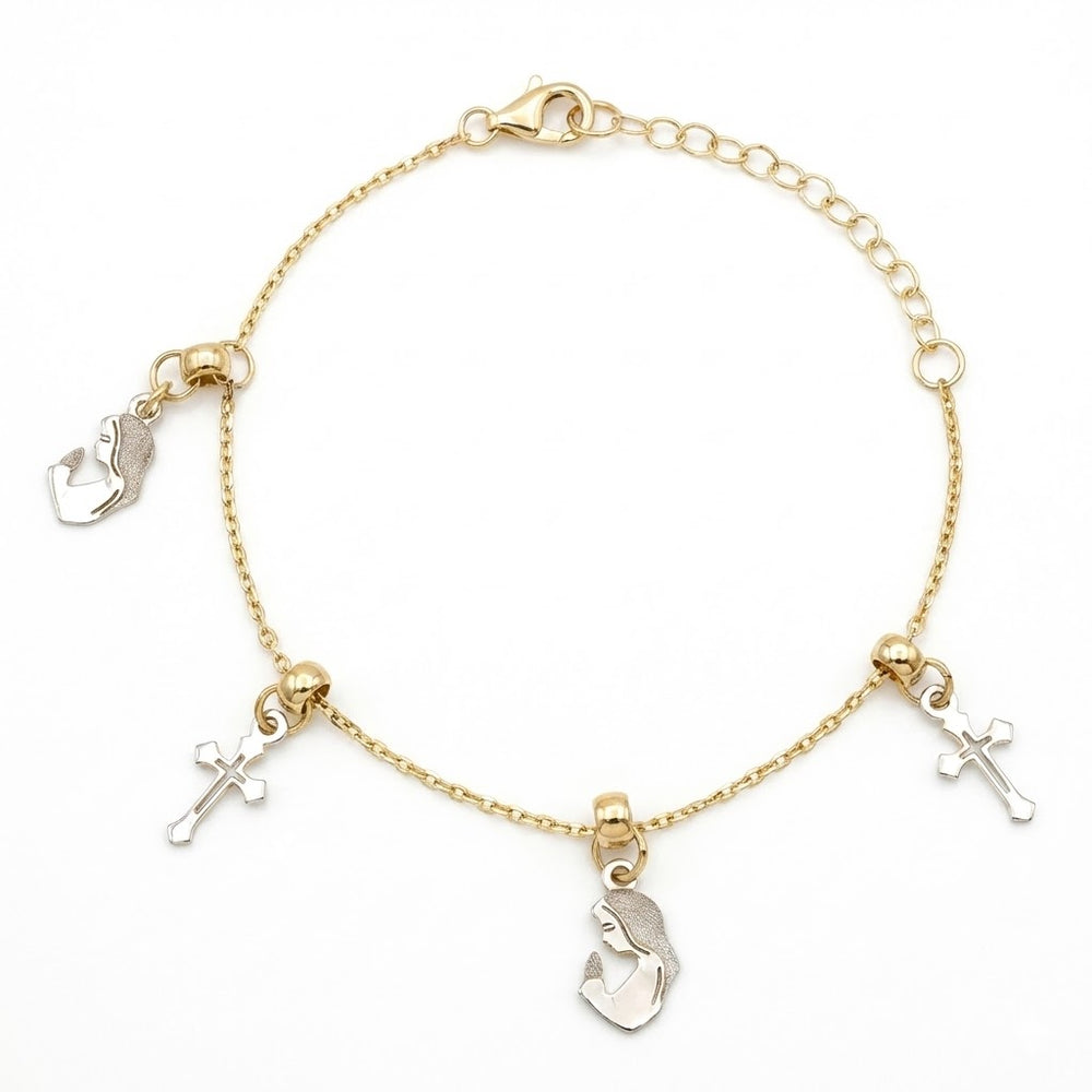 18K Two Tone Gold Cross & St. Mary Motif Baby Bracelet