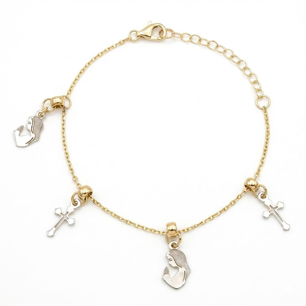 18K Two Tone Gold Cross & St. Mary Motif Baby Bracelet