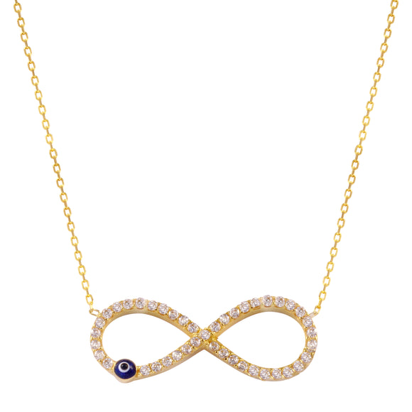 18k Solid Gold Infinity Blue Evil Eye Tiny Chain  Necklace 18 inches CZ