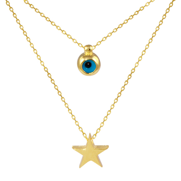18k Solid Gold Blue Eye Tiny Chain Two Layers Necklace 18 inches