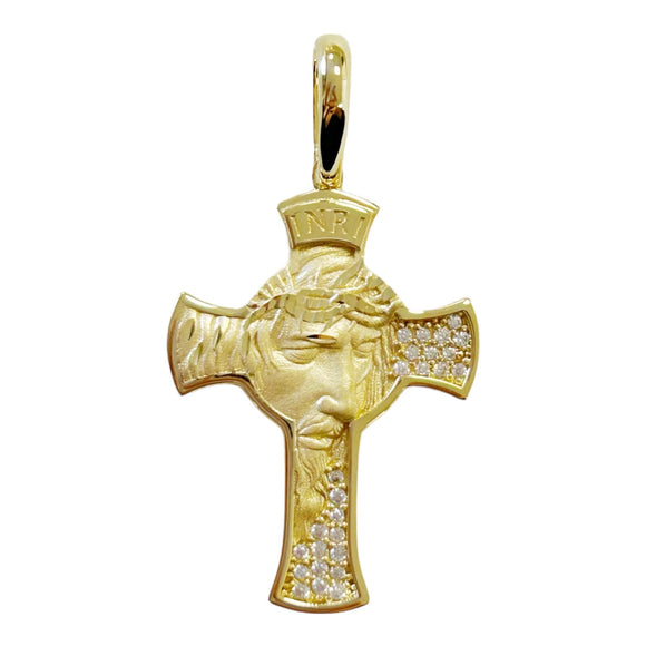 18K Gold Jesus Christ Face Cross Pendant CZ. 27mm*20mm